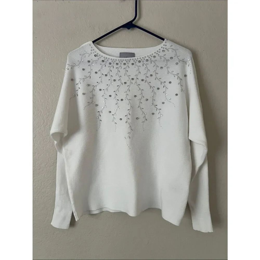 Like New! LIV Milano Embellished White Crewneck Sweater with Silver Accents M